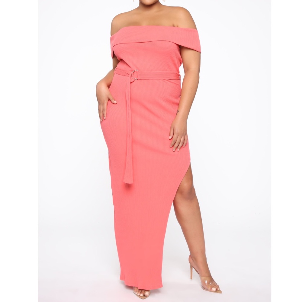 Fashion Nova Pink Ribbed Off Shoulder New Stretch Belted Maxi Dress Plus Size 3X